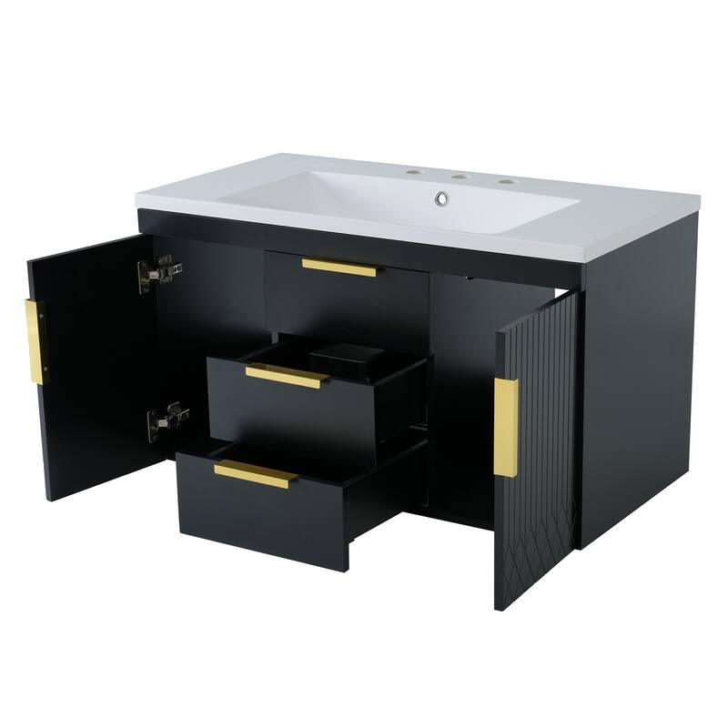 GDFStudio - Caldora Modern Wall-Mounted Bathroom Vanity with 2 Storage Drawers and Resin Sink - 36'W