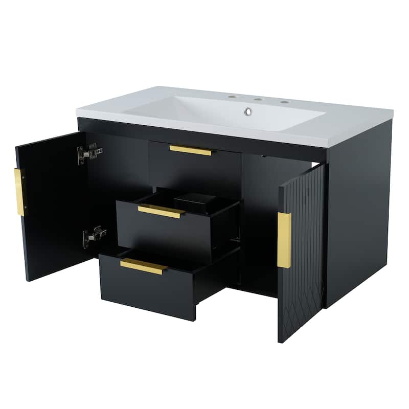 Roomfitters 36" Floating Vanity with Resin Sink, Wall Mounted Cabinet with 2 Drawers, Solid Wood Bathroom Storage Unit, Black