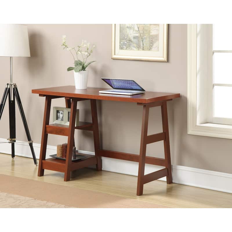Desk With Shelves, Home Office Writing Table, Computer Study Workstation, Cherry Finish