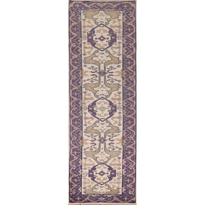Ivory & Purple Oushak Indian Runner Rug Hand-Knotted Wool Carpet - 2'8"x 10'1"