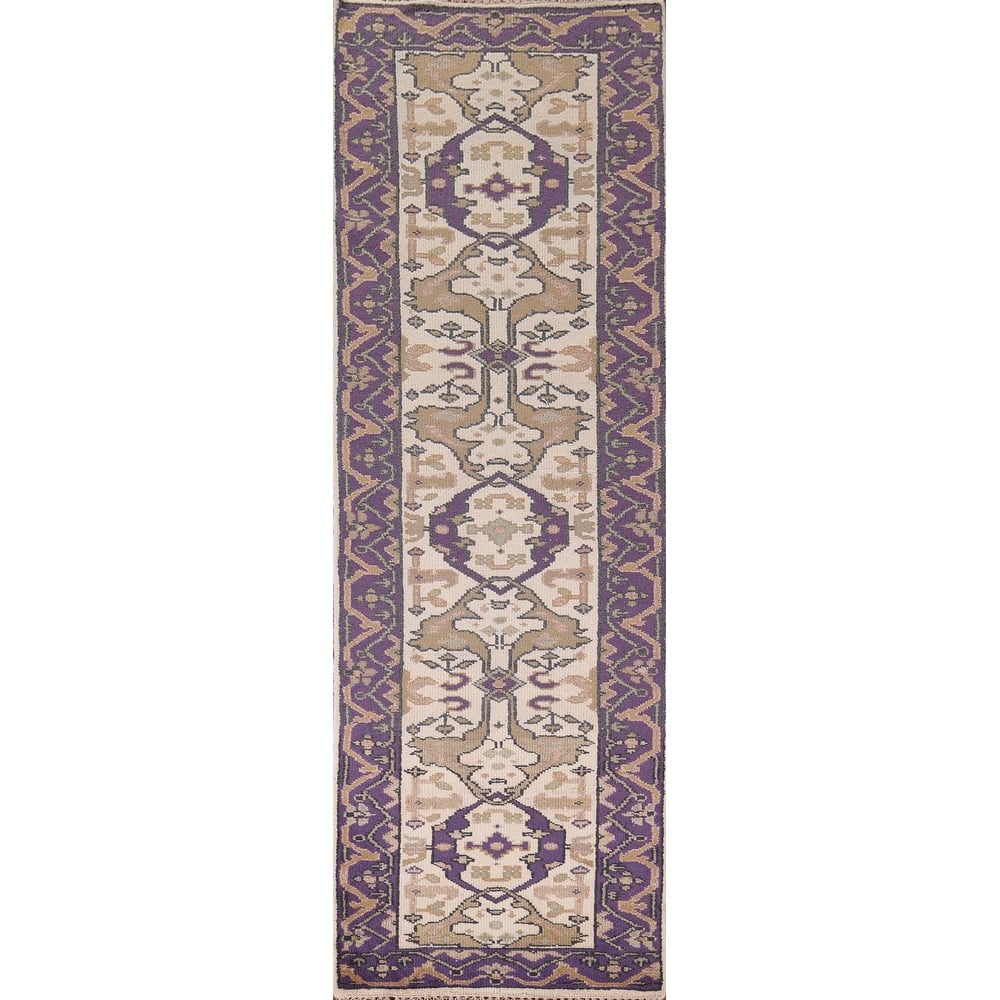 Ivory & Purple Oushak Indian Runner Rug Hand-Knotted Wool Carpet - 2'8"x 10'1"
