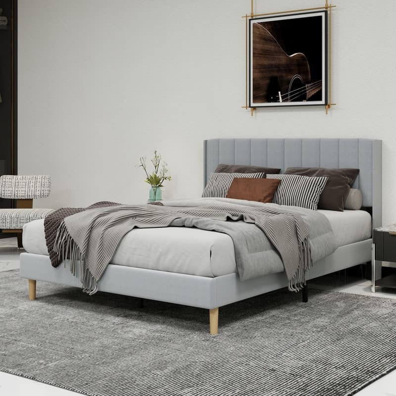 Caxkun Upholstered Platform Bed Frame with Wingback headboard - Grey - Queen