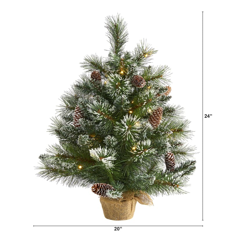2ft. Frosted Pine Artificial Christmas Tree with 35 Clear LED Lights, Pinecones & Burlap Base - Petite Holiday X-Mas Accent