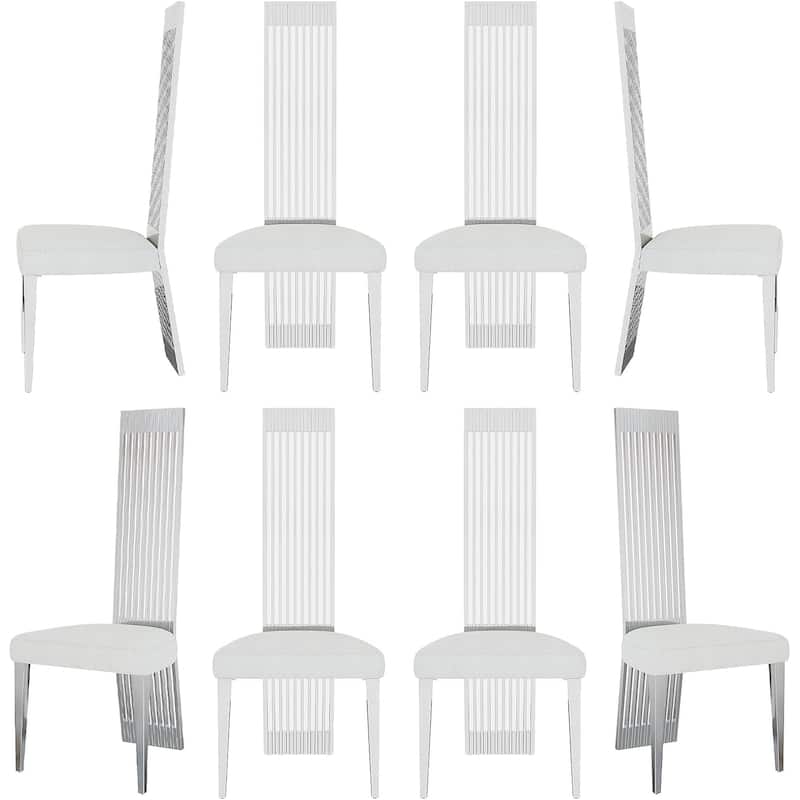 White Boucle and Silver Dining Chairs with Mirrored Silver Vertical Metal Tube Back - Set of 8