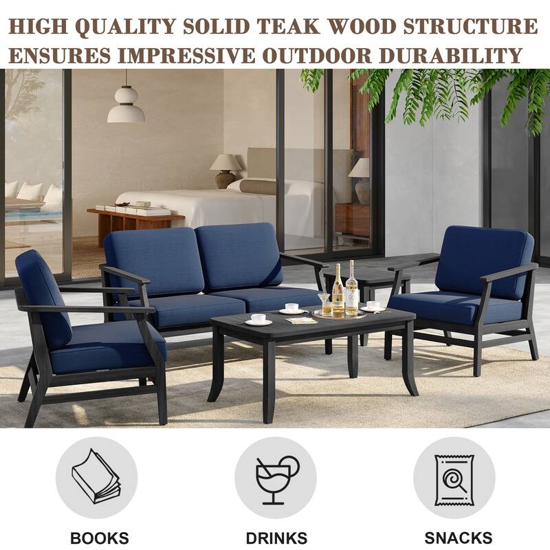 5-Piece Outdoor Teak Wood Patio Conversation Set with Cushions