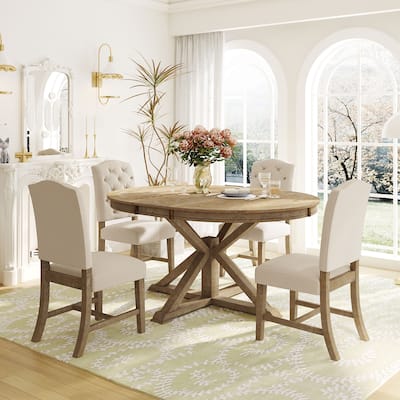 Natural Wood Wash Retro 5-Piece Wooden Dining Table Set with Extendable Round Table & 4 Chairs