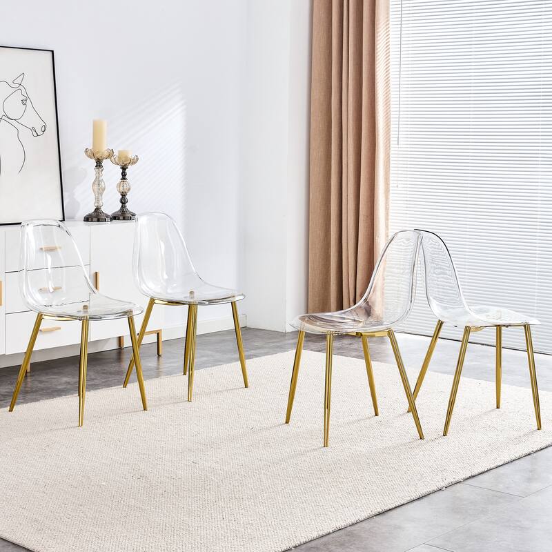 Roomfitters Transparent Armless Plastic Dining Chairs with Gold Metal Legs, Nordic Style Set of 4 for Home or Office, Golden