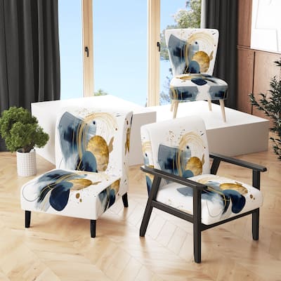 Designart "Landscape of Dark Blue and Gold Strokes III" Upholstered Modern Geometric Accent Chair and Modern Arm Chair