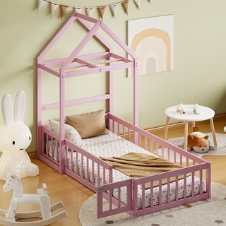 Wooden Floor Bed wFence Railings and Detachable House Shape Headboard Platform Bed, Kids Montessori Style Playhouse Frame Bed