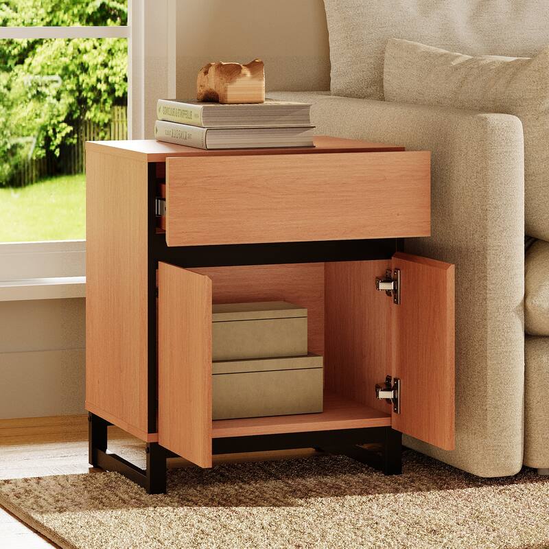 WAMPAT Modern Nightstand with 1 Drawer & 1 Storage Cabinet, Farmhouse Bedside Table with 2 Open Door forBedroom