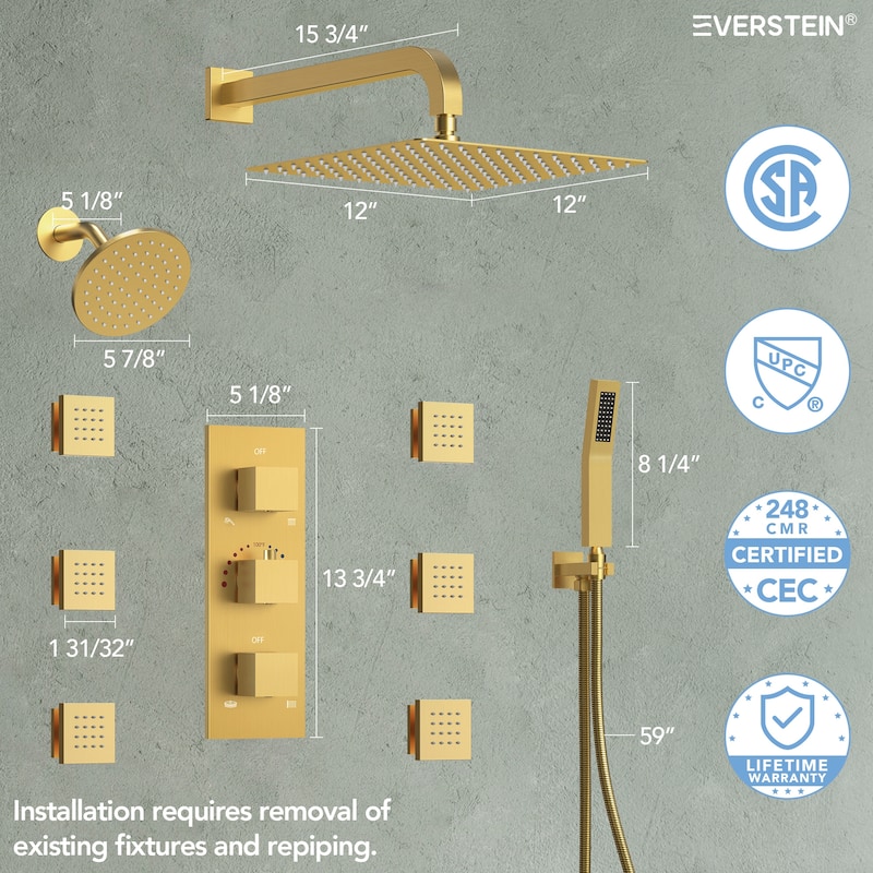 Thermostatic Dual Shower System 12" and 6" Rainfall Shower Head with 6 Body Jets & Handheld Shower