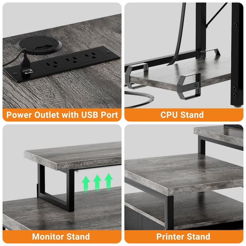 Modern Farmhouse 71'' L Shaped Desk with File Drawers, Reversible Computer Desk with Power Outlets and Smart LED Lights