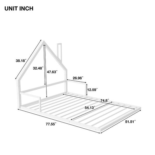 Full Size Metal Floor Bed Slats Support Bed Frame with House-shaped Headboard, Simple Metal Bed Kids Toddler, Solids White