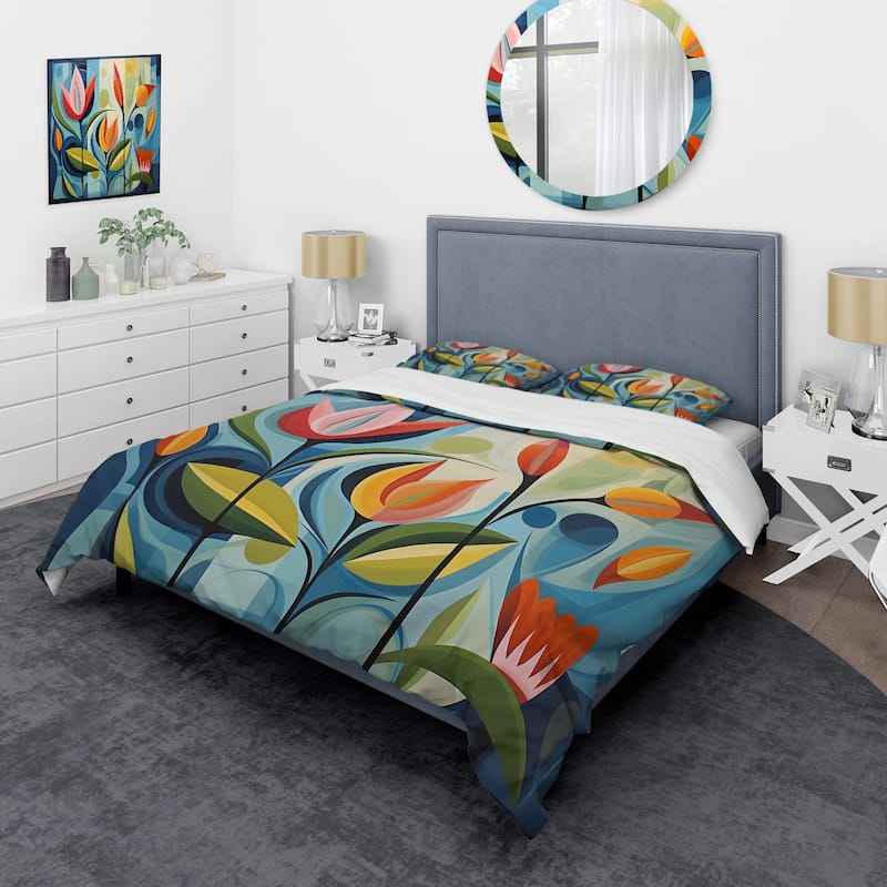 Designart "Green Mid Century Mod Nature II" Green Mid-Century - Bedding Set With Shams