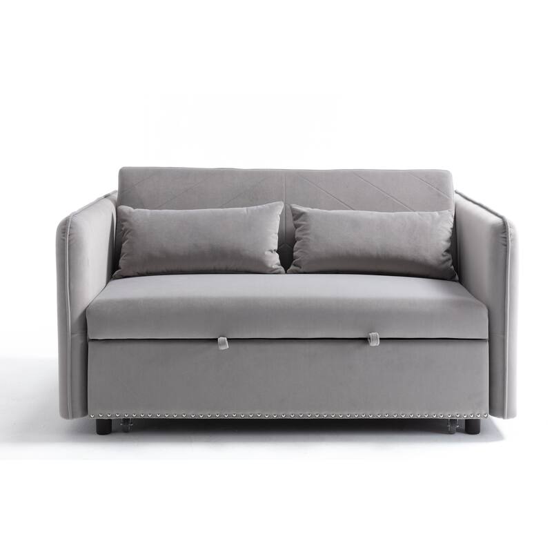 3 in 1 Convertible Sleeper Futon Sofa Bed, 55" Loveseat Lounge Couches with 2 Pillows, USB Ports & Side Pockets