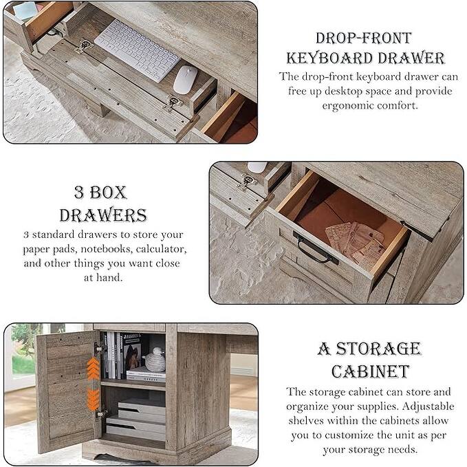 60" Farmhouse Executive Desk, Wood Home Office Desk, Computer Desk