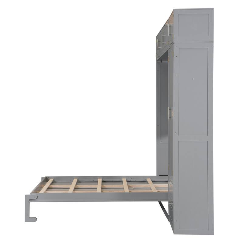 Queen Size Murphy Bed with Storage - Space-Saving Wall Bed with 3 Cabinets, Wardrobe and 2 Drawers