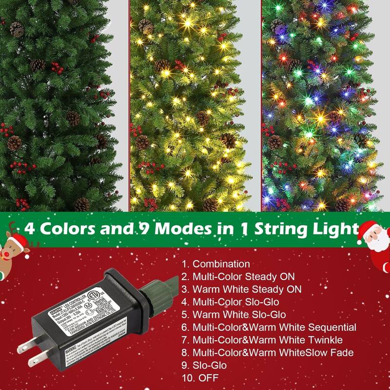 6 FT Pre-Lit Pencil Christmas Tree, Artificial Christmas Tree with 200 Multicolor Led Lights, 8 Lighting Modes