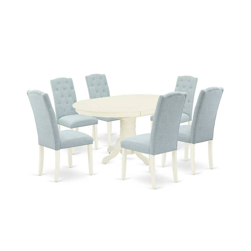 7Pc Dinette Set - Oval Kitchen Table & 6 Parsons Chairs - Linen White & Baby Blue - 60