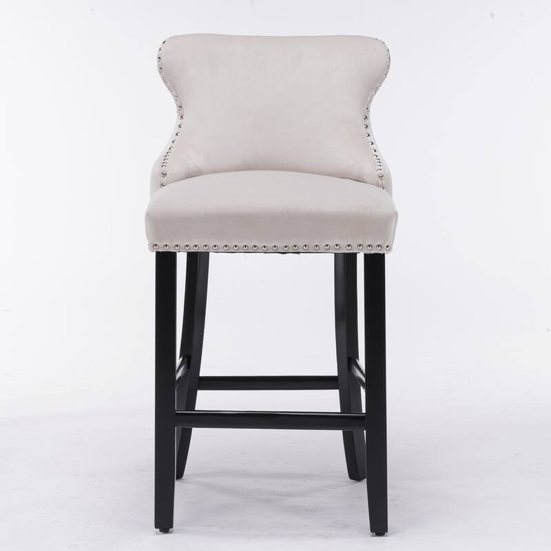 Furniture Beige Velvet Wingback Bar Stools Set of 2, Button Tufted with Wood Legs & Chrome Nailhead Trim