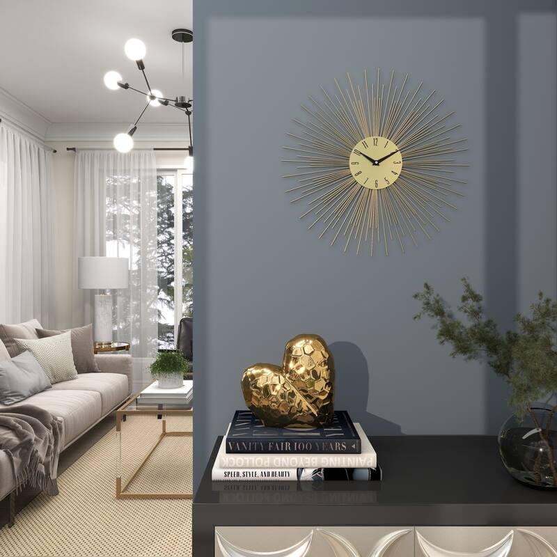 Gold Metal Starburst Decorative Wall Clock with Black Accents