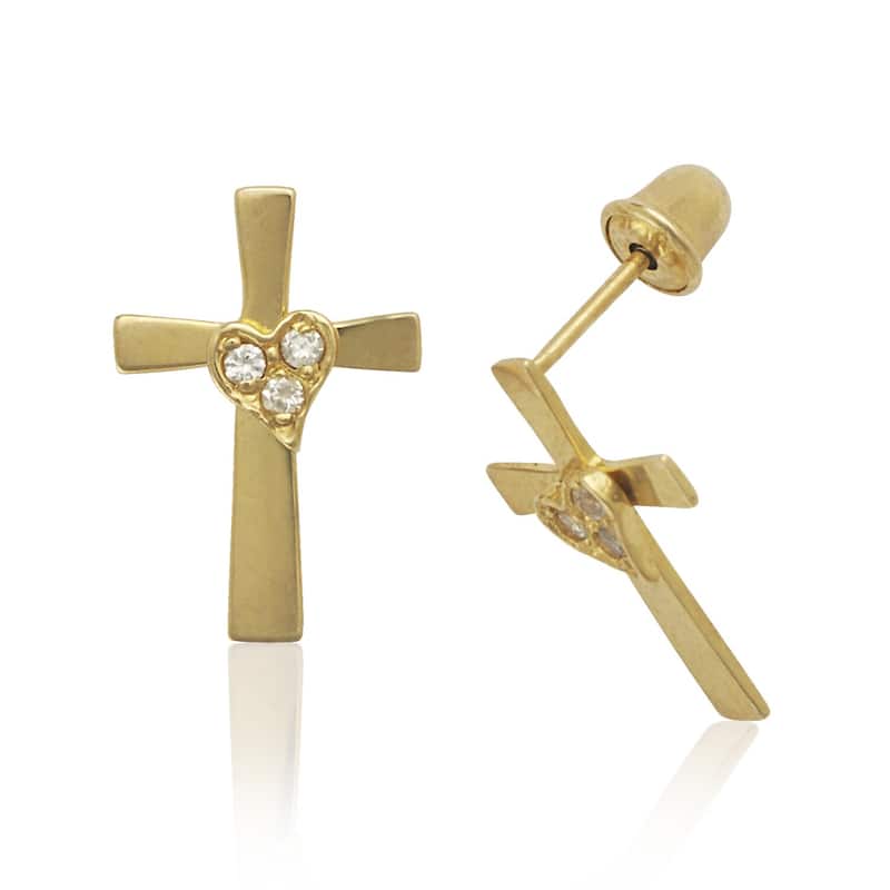 Curata 14k Gold Round Cubic Zirconia Heart Cross Screw Back Earrings - White