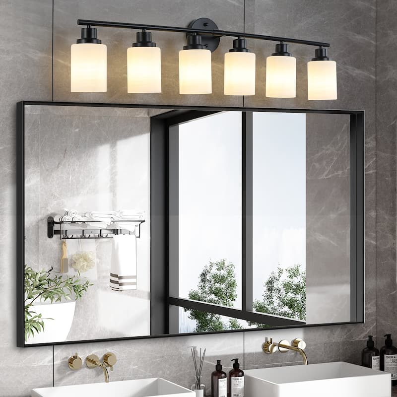 39" Modern 6-Light Vanity Wall Sconce, with Frosted Glass Shades for Bathroom or Hallway Lighting (No Bulbs) - Black