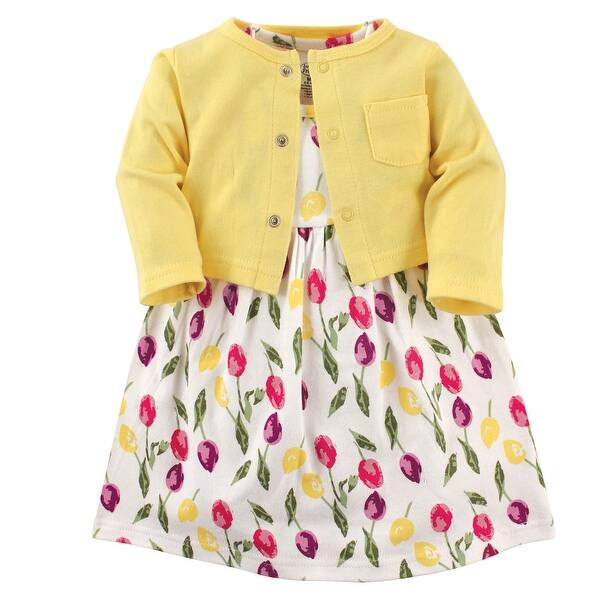 slide 1 of 1, Luvable Friends Baby and Baby Girl Dress and Cardigan 2pc Set, Tulips 0-3 Months - Tulips