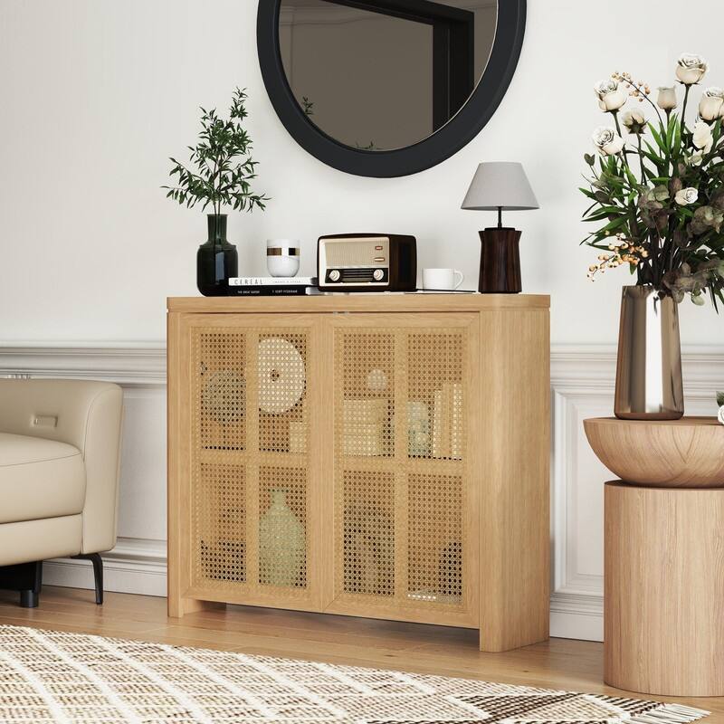 Mid Century Modern 63" Wide 2 - Cane Rattan Door Storage Sideboard, Retro Wine Bar Credenza for Living Room Entryway Kitchen