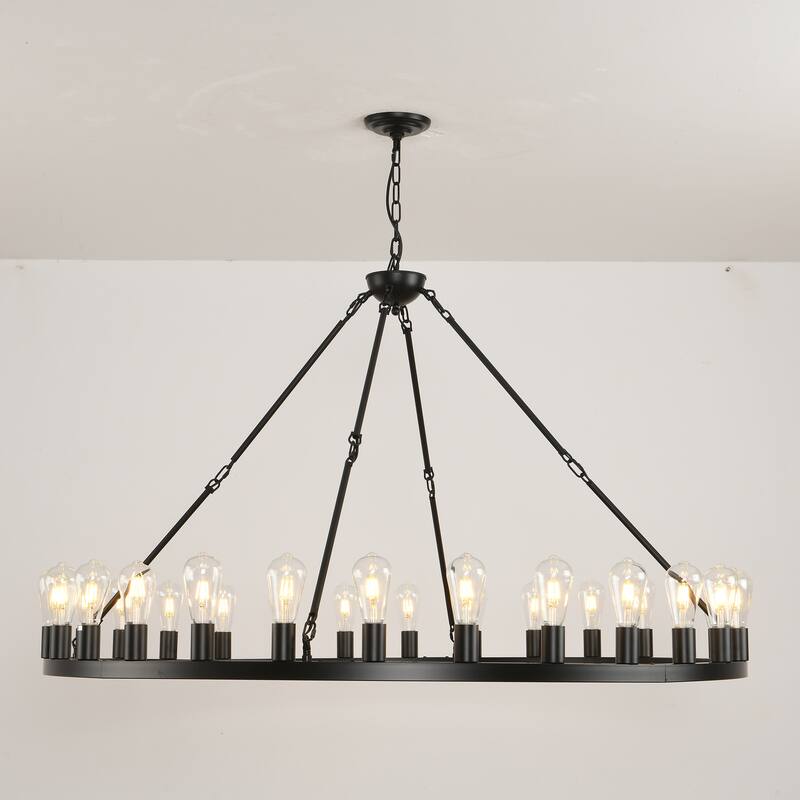 53.15 Inch Black Extra Large Wagon Wheel Chandelier, 28-Lights Round High Ceiling Adjustable Chain,E26