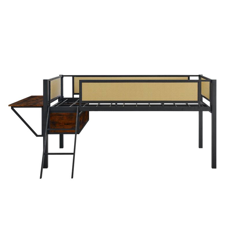 Metal Loft Bed with Rectangular Desk and Storage