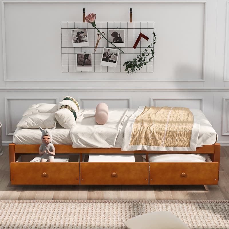 Brown Twin Pine Platform Bed with Drawers - Space-Saving Storage Solution