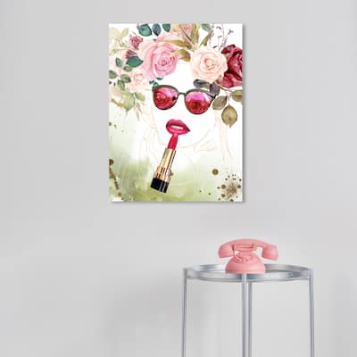 Wynwood Studio Fashion and Glam Flower Lips Pink and Pastel Pink Modern & Contemporary Wall Art Canvas Print