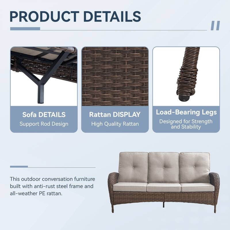 Gymojoy 3-Seat Outdoor Wicker Sofa with Professional Outdoor Cushions