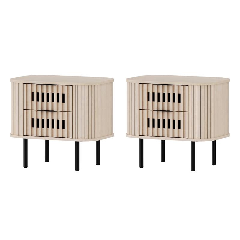 WAMPAT Fluted Nightstand with 2 Drawers,Wood End Table for Bedroom, Living Room