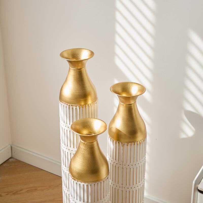 Set of 3 Tall White & Gold Metal Cylinder Vases - Glam Geometric Floor Vases for Modern Home Decor (24", 28.7", 33.4" Heights)