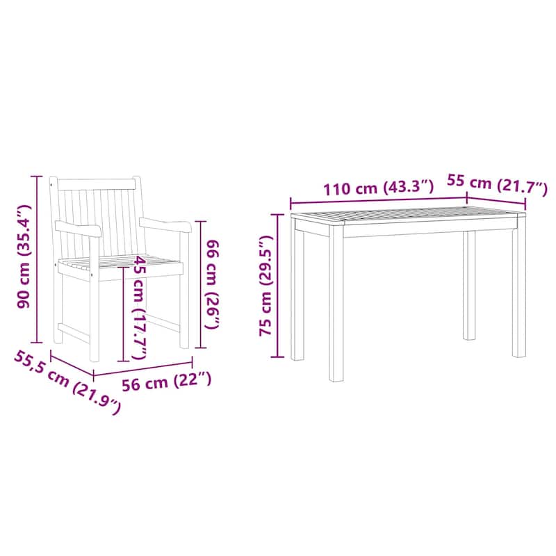 vidaXL Dining Set Set of 3 Natural wood Solid Acacia wood Tough as nails - 43.3 x 21.7 x 29.5