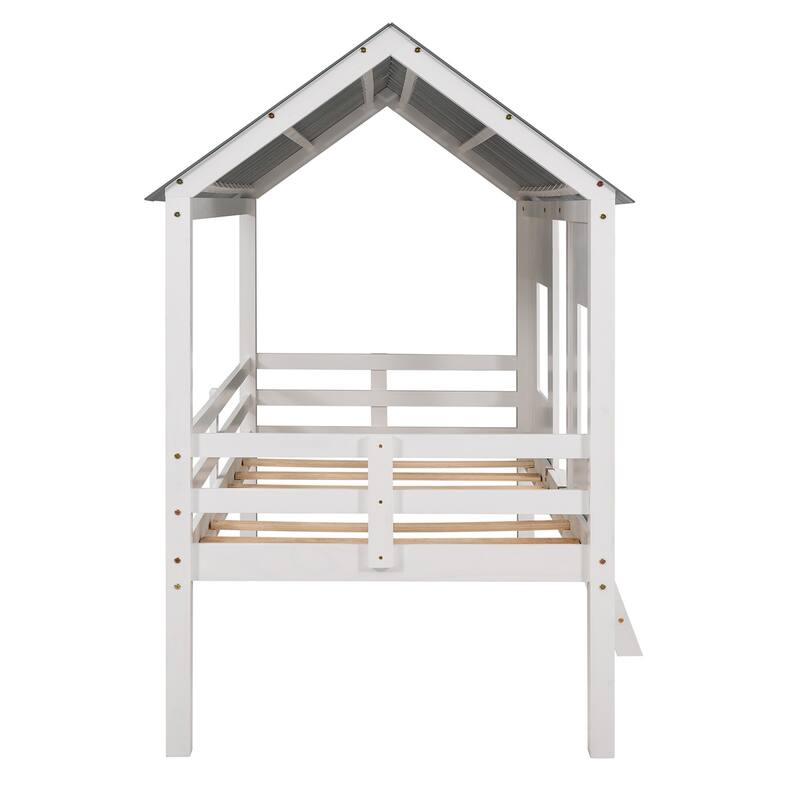 Low Loft House Bed with Roof and Two Front Windows