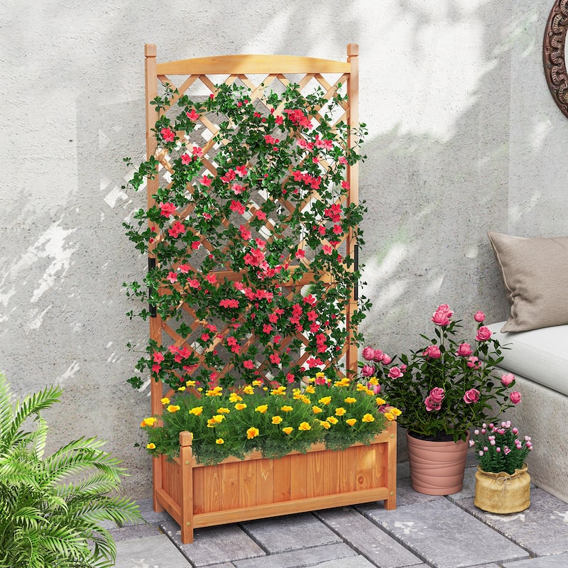 Wooden Raised Garden Bed with Trellis Fir Wood Planter Box for Vegetables Flowers Herbs Indoor Outdoor - 28" x 13" x 60"