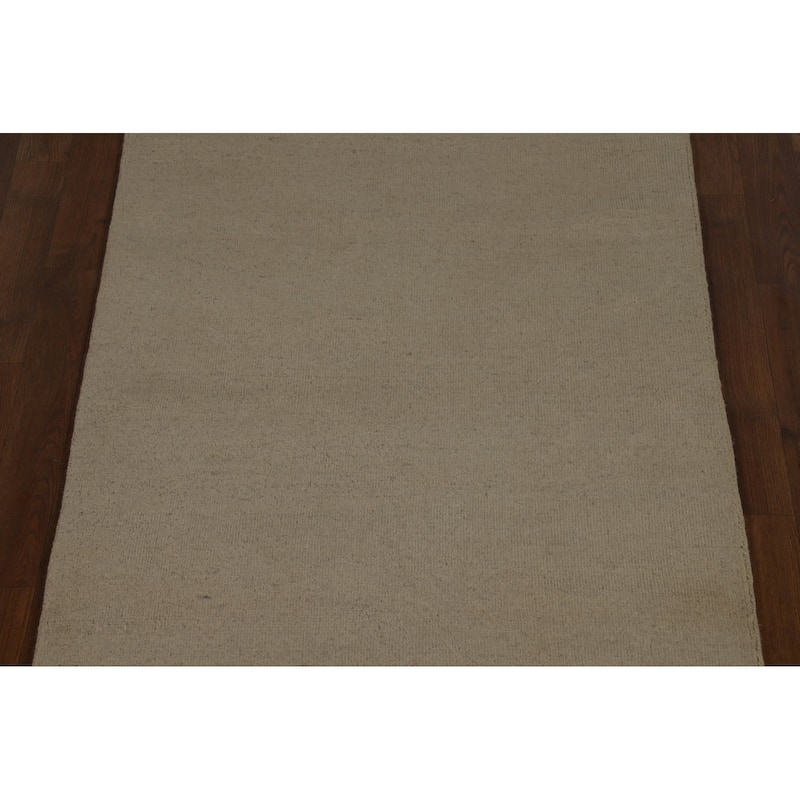 Modern Gabbeh Runner Rug Hand-Knotted Beige Solid Wool Carpet - 3'1" x 9'11"