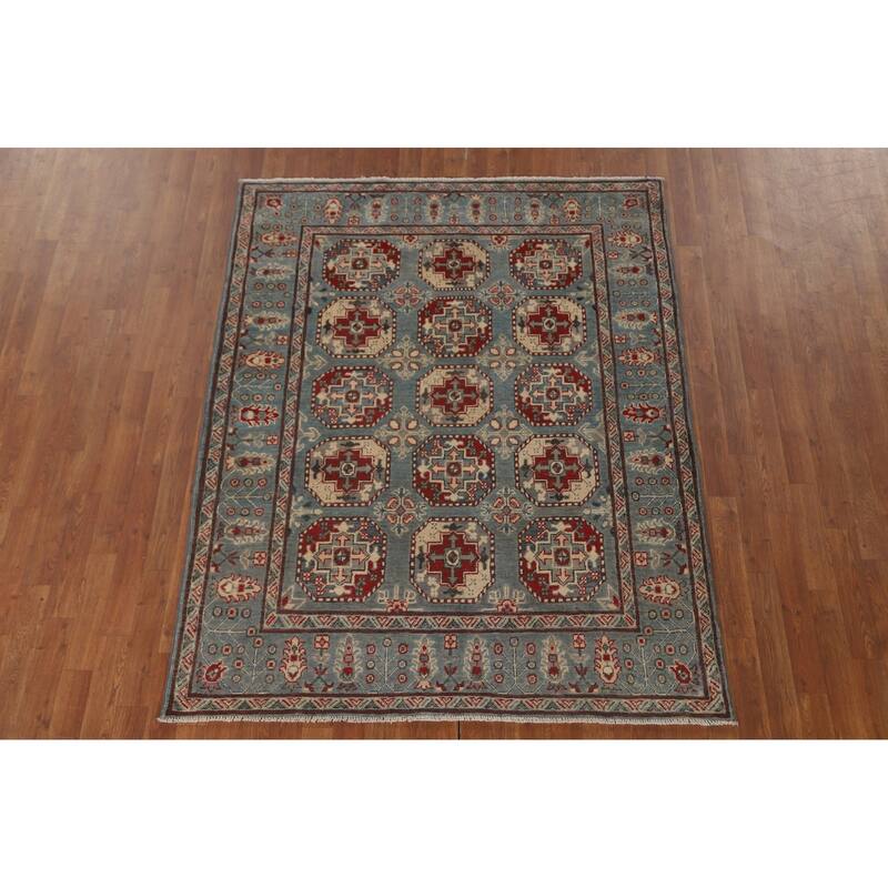 Geometric Kazak Area Rug Living Room Hand-Knotted Wool Carpet - 5'0" x 6'7"