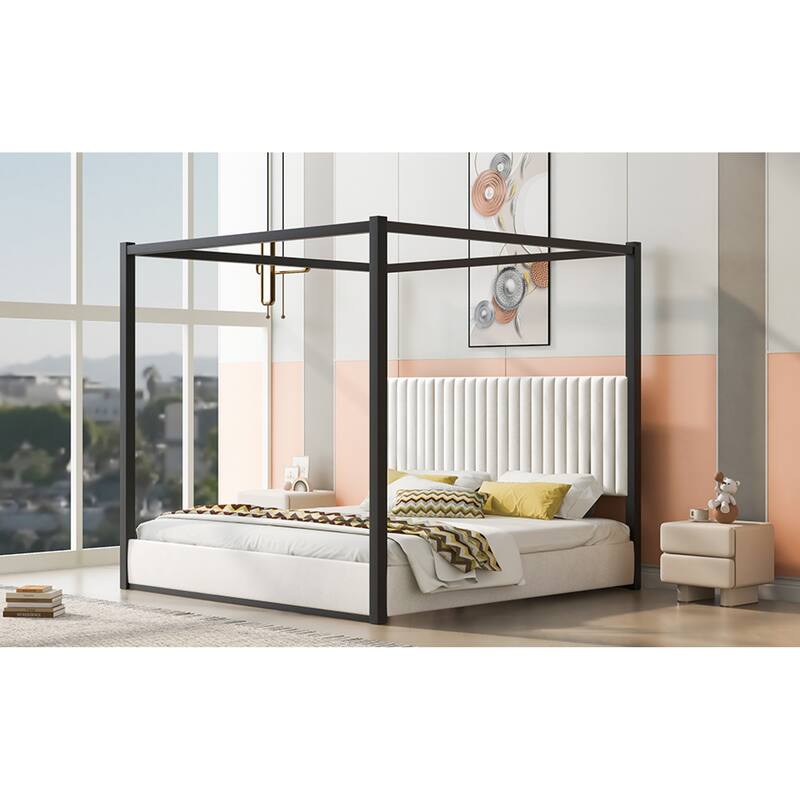 Roomfitters King Canopy Platform Bed with Velvet Upholstered Headboard, Metal Frame