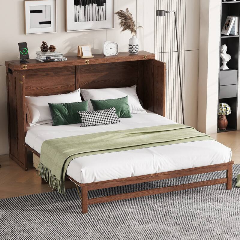 Murphy Bed Cabinet Queen with Storage Drawer and Charging Station, USB Port, Solid Pine Murphy Bedframe for Home Office