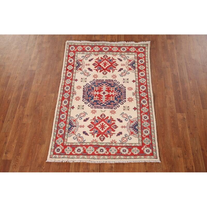 Ivory / Beige Kazak Oriental Accent Rug Hand-Knotted Wool Carpet - 3'2"x 4'8"