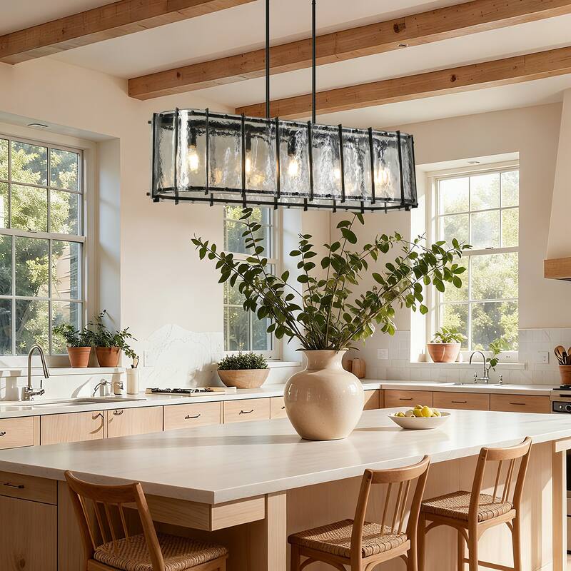 Modern Black 5-Light Rectangle Chandelier with Textured Glass For Kitchen Island Dining Room - W42.1"xD10.6"xH11"