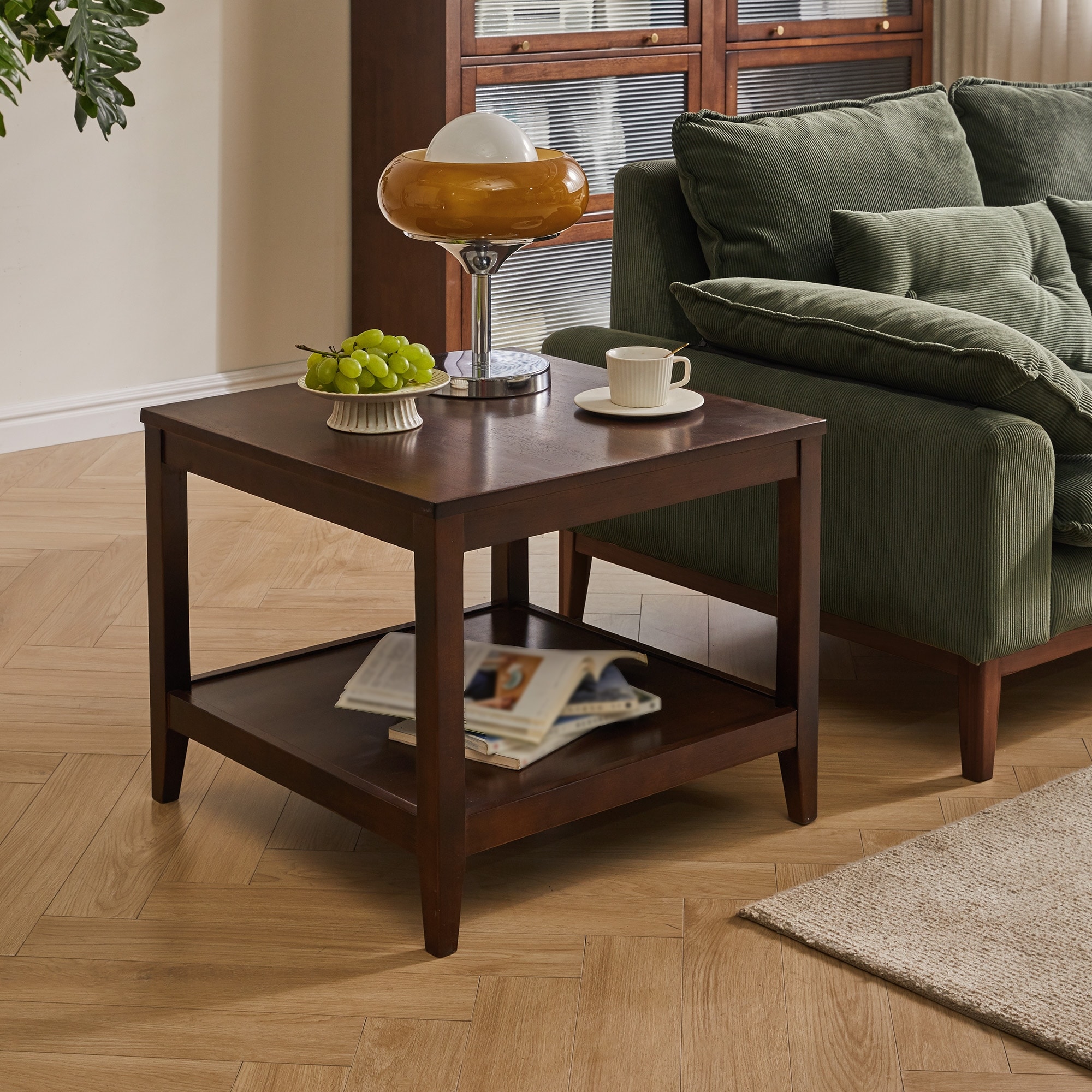 2-Tier Square Side Table with Storage Shelf, Wooden Nightstand for Living Room Bedroom, Small Coffee Table