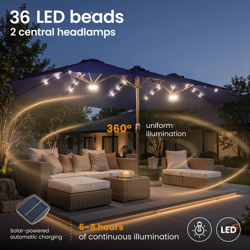 ​OVIOS 15ft Double-Sided Patio Outdoor Umbrella with Crank & Light