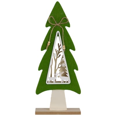 Woodland Tree with Reindeer Scene Wooden Christmas Decoration - 12"