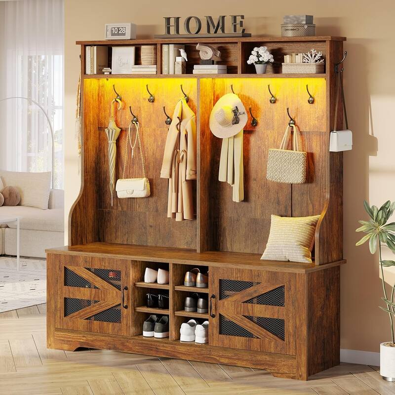 Hall Tree w/ Bench Shoe Storage Shoe Cubby Barn Door Adjustable Shelf - 59.1" - Brown