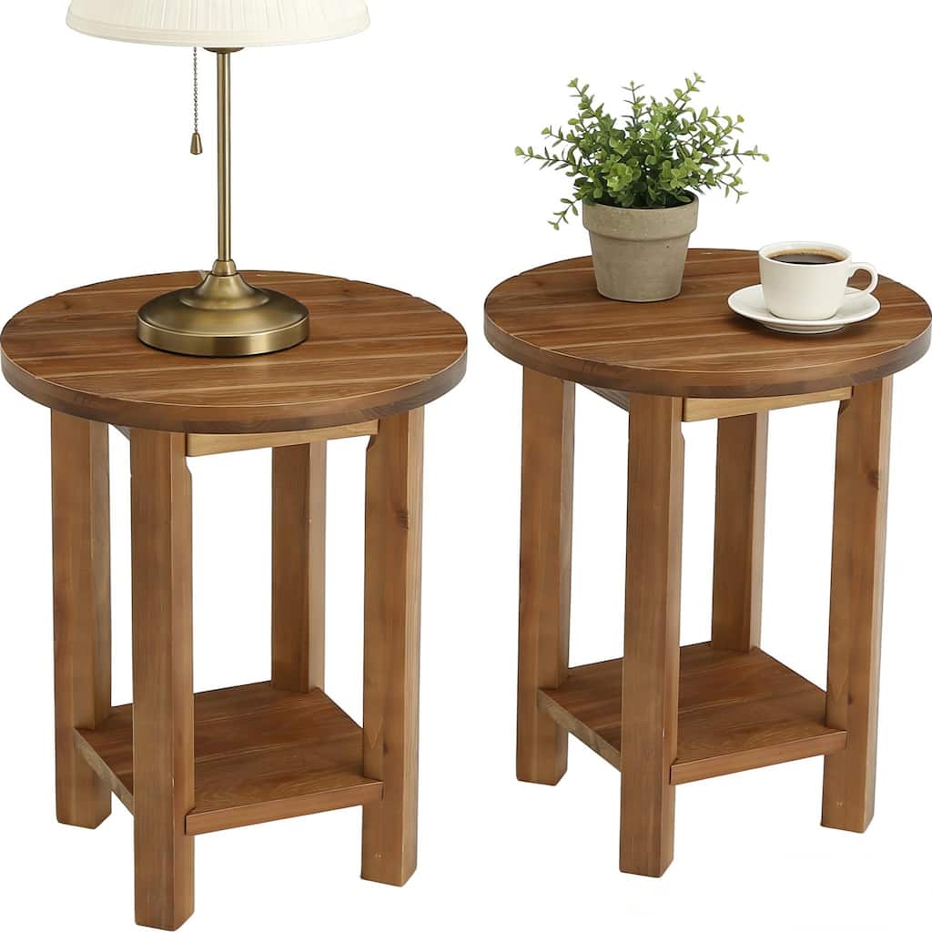 Solid Wood Round End Table With 2-tier Storage For Living Room, Small Spaces